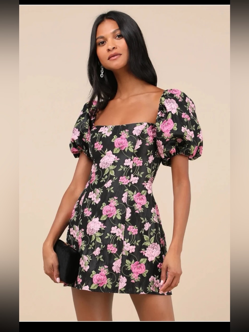 NWT Lulus Completely Beloved Black Floral Off-the-Shoulder Mini Dress size Large